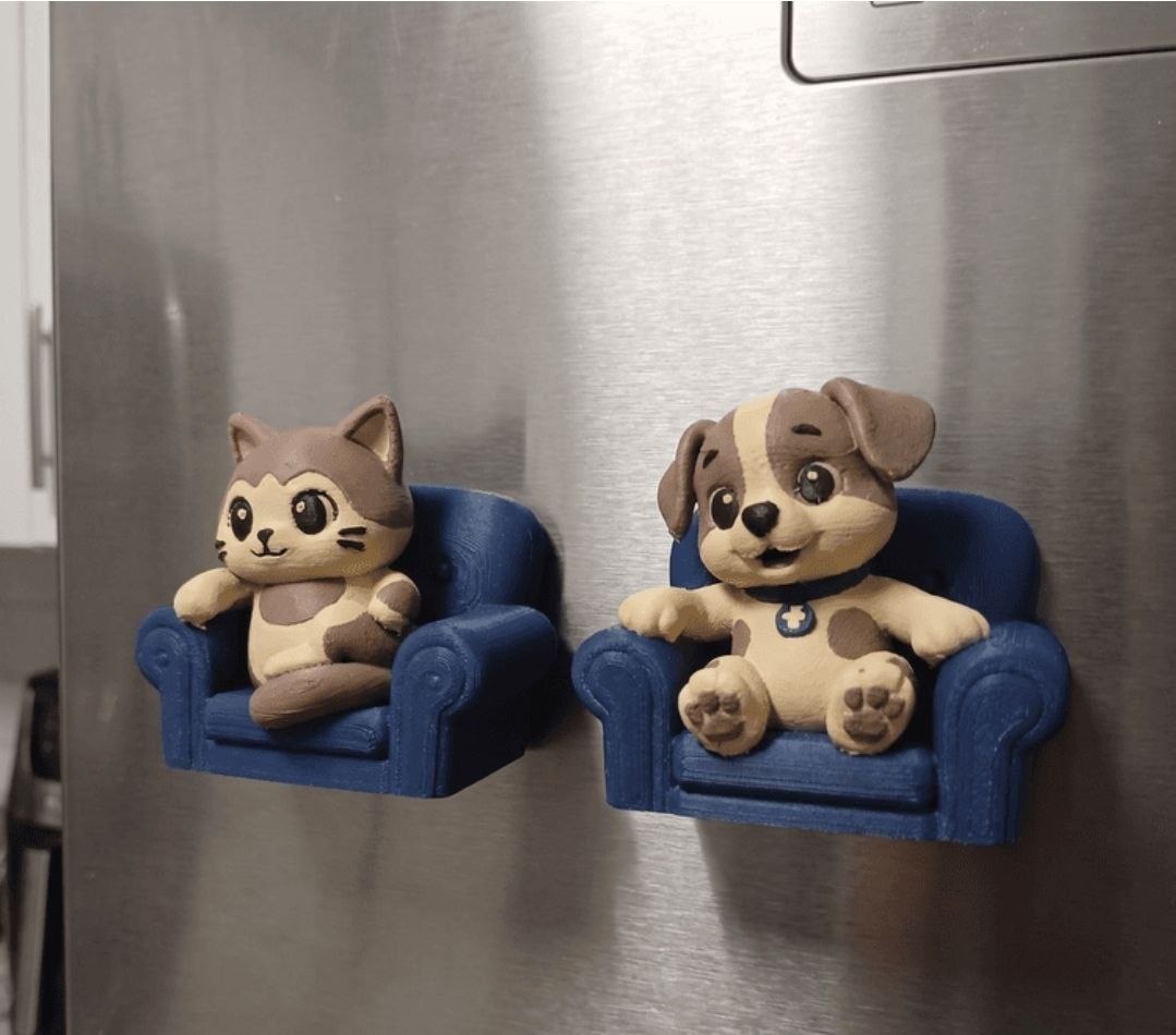 Cute Cat & Puppy In Armchairs Fridge Magnets