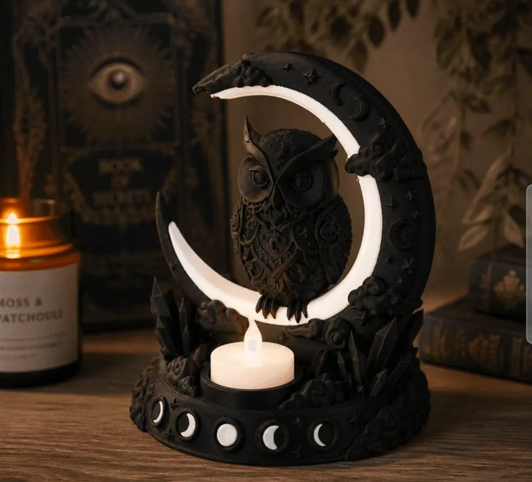 Crescent Owl LED Candle Holder In Mystical Moon Design