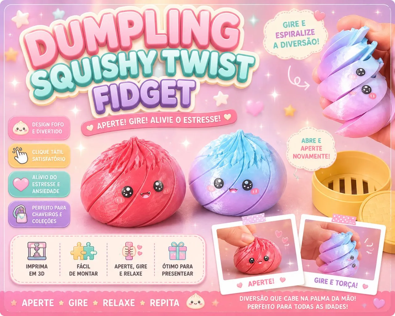Dumpling Twist Fidget STL Kawaii Rotating Toy Cute 3D Print File