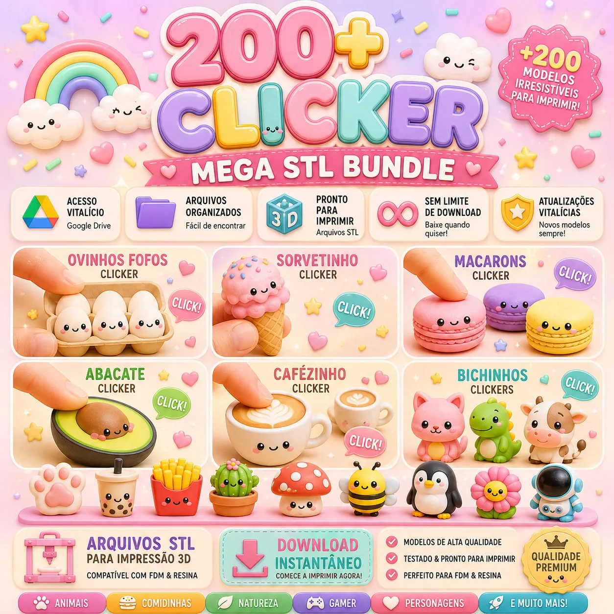 Pack Stl 200 Clickers Modelos 3D De Animais, Comidas E Brinquedos